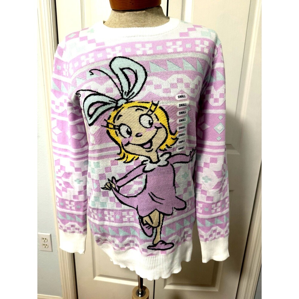 NEW The Grinch Dr. Seuss Cindy Lou Womens Sz S Pullover Sweater Holiday Pink